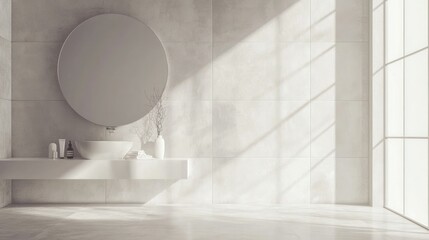 Poster - A minimalist bathroom scene featuring a large round mirror and sink