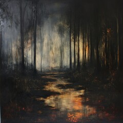 Aufkleber - An abstract painting featuring a serene forest path with mysterious lighting