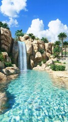 Poster - A beautiful waterfall cascades into a clear turquoise swimming pool
