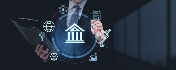 Poster - Businessman analyzing banking and financial services concept.