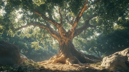 Poster - A majestic ancient tree stands surrounded by lush green foliage