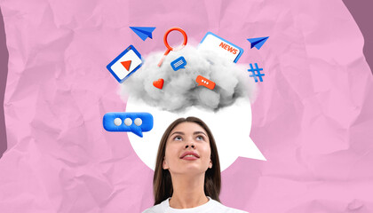Poster - Woman thinking about social media with digital icons floating ar