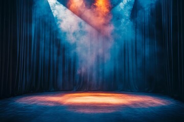 Aufkleber - Dramatic stage with blue and orange lighting, smoke, and dark curtains.