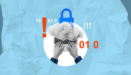 Poster - Cybersecurity concept with a blue padlock and cloud over a laptop, symbolizing data protection and digital security.