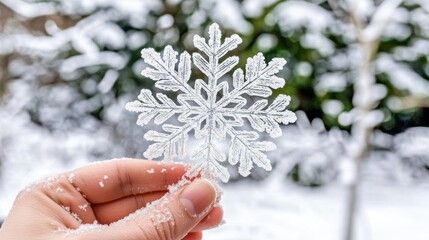 Poster - A delicate snowflake held in a snow dusted human hand