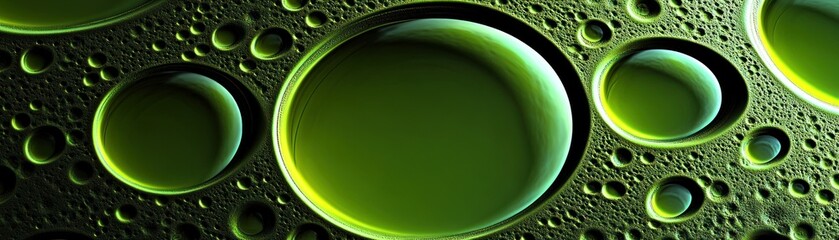 Poster - Green liquid droplets sit on textured dark green surface abstract