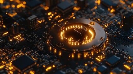 Poster - An illuminated electronic circuit board exhibiting advanced technological components