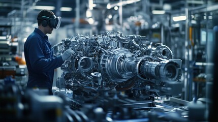 Poster - in a hyper-modern manufacturing plant, a male engineer utilizes vr technology to test an engine dura