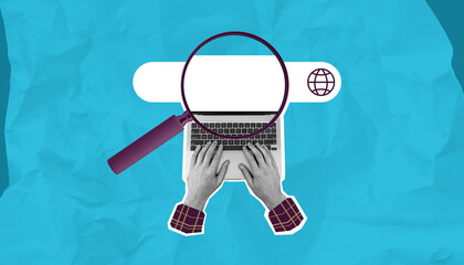 Poster - Search engine concept with hands typing on laptop and magnifying glass.