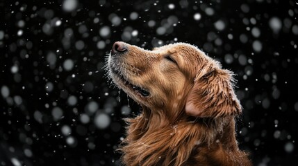 Poster - A Golden Retriever Dog Enjoys the Falling Snow With Eyes Closed