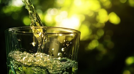 Poster - Clear liquid pouring into a glass with natural background light