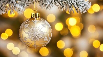 Poster - A gold ornament decorated with a snowflake hangs from evergreen branches