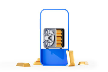 Poster - 3d rendering of a digital banking concept with a smartphone, a secure vault, and gold bars on a whit