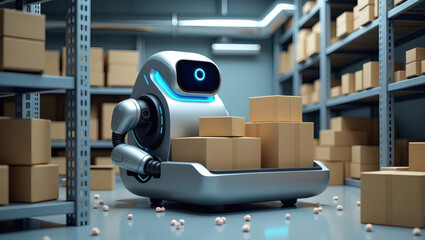 Poster - a robot efficiently moving packages in a warehouse with numerous boxes on shelves