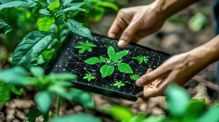 Poster - A person examines plants with a technology connected device