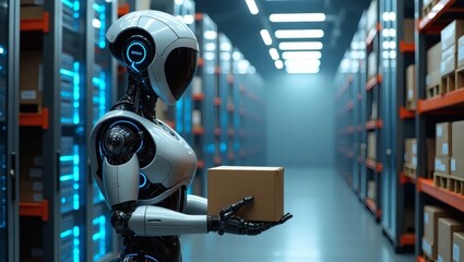 Poster - a robot carrying a cardboard box in a modern warehouse, showcasing futuristic technology