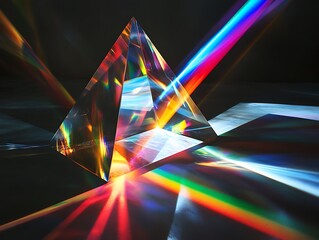Poster - Glass pyramid refracting colorful light beams on dark background.