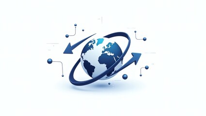 Poster - a globe with arrows around it, symbolizing global connectivity, surrounded by small circles representing data points
