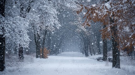 Poster - The falling snow embraces everything it touches, creating a soft blanket of white that transforms the world into a peaceful, serene winter landscape.
