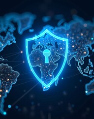 Poster - a shield protecting a global network, representing cybersecurity and data protection