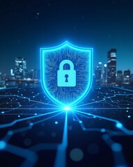 Poster - a digital security shield protects data in a city background, symbolising network protection and cybersecurity