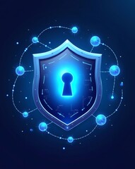 Poster - a digital shield with a keyhole in the center, surrounded by a network of connected dots, symbolizing protection and security. The image is rendered in shades of blue.