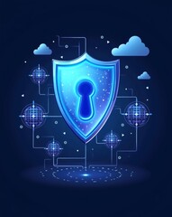 Poster - a glowing digital shield representing cybersecurity and data protection against cyber threats. The shield has a keyhole in the center, and is connected to network nodes by lines