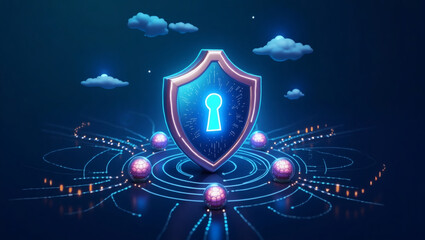 Poster - a digital shield with a glowing keyhole surrounded by a network, symbolizing cybersecurity and protection