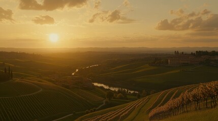 Poster - Golden Sunset Over Rolling Green Hills And A Winding River