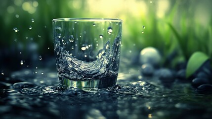 Poster - A glass of water with splashes and surrounding greenery