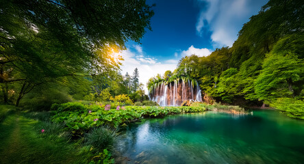 Poster - A vibrant landscape showcases a cascading waterfall flowing into a turquoise lake, embraced by verdant trees under a bright blue sky with scattered clouds.