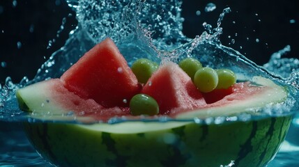 Poster - Watermelon and green grapes submerged in water creating a splash