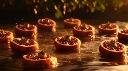 Poster - Sliced pomegranates floating peacefully in tranquil water with light