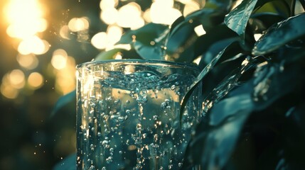 Poster - A glass of water with bubbles and green leaves