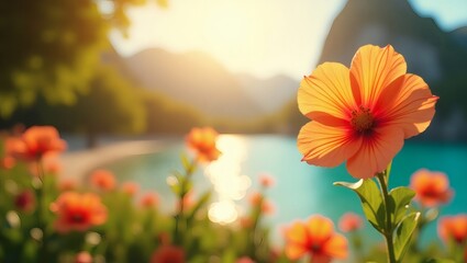 Aufkleber - orange flowers blooming in a stunning tropical scenery, capturing the essence of a sunny day near the water
