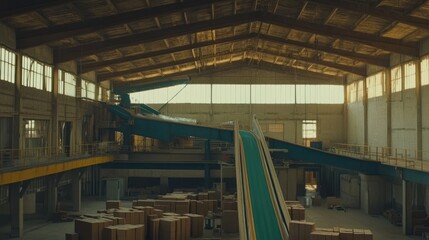 Poster - A large industrial warehouse interior with various machinery present inside
