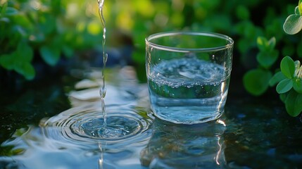 Poster - Clear water is pouring into a drinking glass beside green foliage