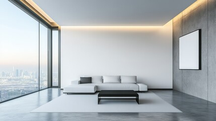 Poster - A modern minimalist interior room with a cityscape view