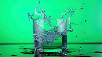 Poster - Water exploding from a glass against a vibrant green background