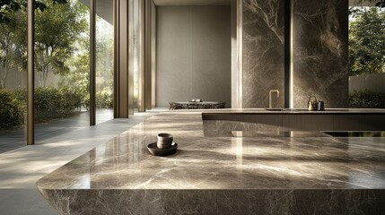 Poster - An open luxury modern kitchen featuring marble and expansive windows