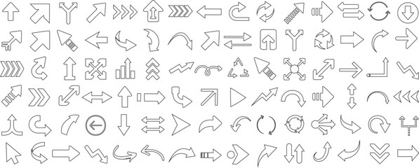 Wall Mural - Arrow icons vector set, black outline, various directions, curved, straight, dashed, bold, thin, looped arrows, navigation, pointer, infographic, minimal editable isolated arrow set
