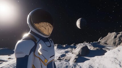 Poster - An astronaut stands upon a rocky moon surface observing the cosmos