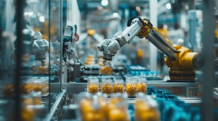 Poster - Automated robotic arm placing filled jars in a production line