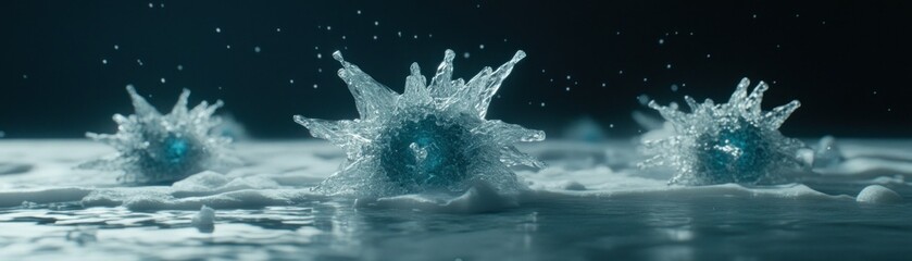 Poster - Three formations of splashy icy objects on a frosted surface