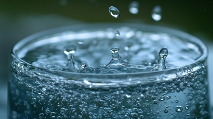 Poster - Water droplets impacting the surface of a glass of clear liquid