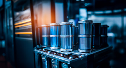 Poster - Rows of metallic cylinders neatly sit in a holder. Warm light illuminates them in a cool, industrial environment with blue and silver hues.