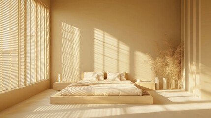 Poster - A modern and bright bedroom interior bathed in warm sunlight