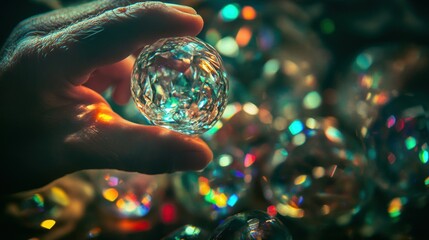 Poster - A hand gently holds a shimmering crystalline sphere of refraction
