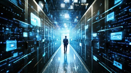 Poster - A Man Walks Through a Server Room Surrounded by Data