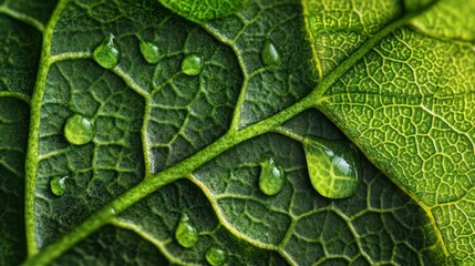 Poster - Close up of green leaf with water droplets on the surface